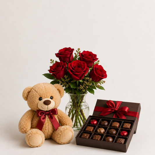 Red Rose Bouquet with Teddy Bear & Luxury Chocolates | Romantic Gift Delivery
