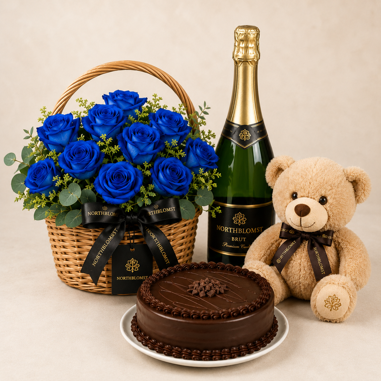 Luxury Blue Rose Basket with Sparkling Gift, Chocolate Cake & Teddy Bear | Premium Gift Delivery