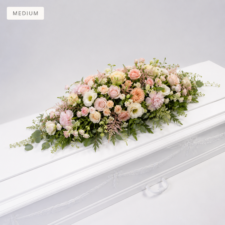 Soft Pink Coffin Spray | Elegant Funeral Flowers coffin spray delivery in Denmark