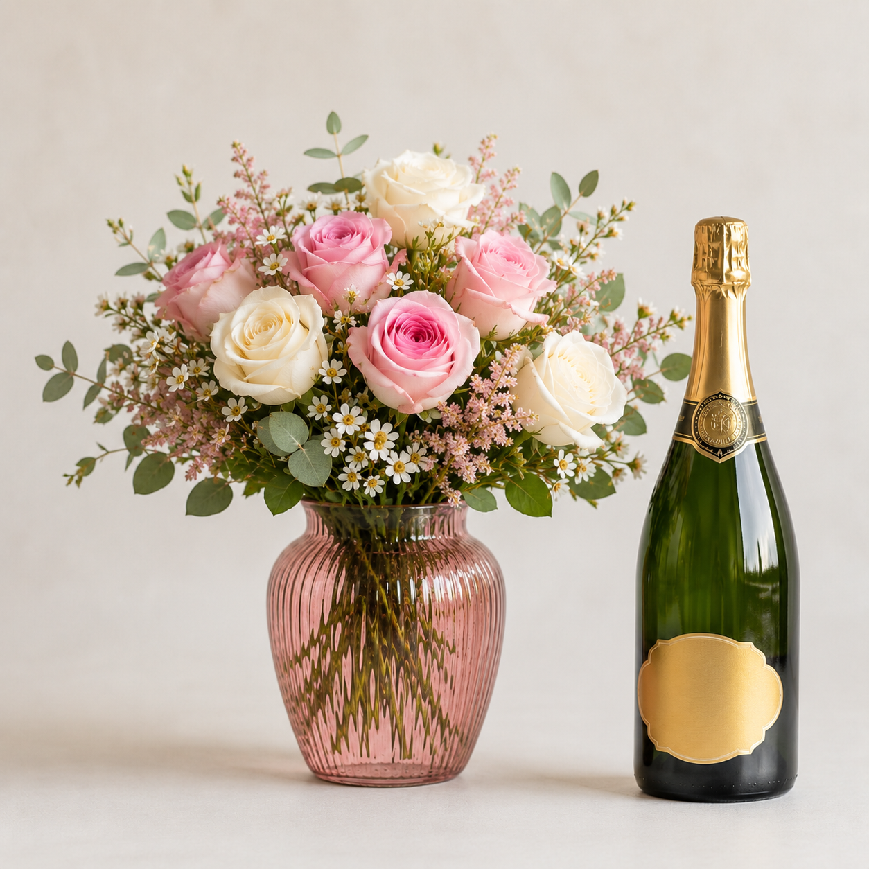 Luxury White & Pink Rose Bouquet with Champagne Gift | Premium Flower Delivery