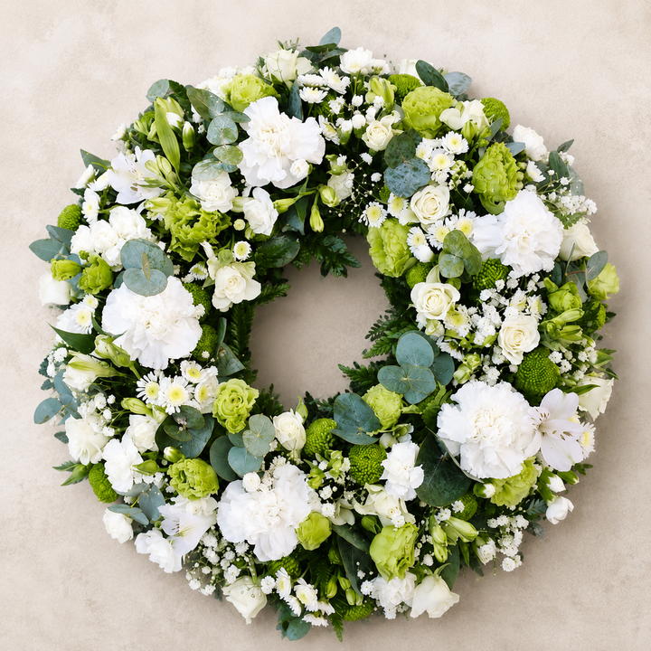 White & Green Funeral Wreath | Elegant Sympathy Flowers Online funeral wreath delivery in Denmark
