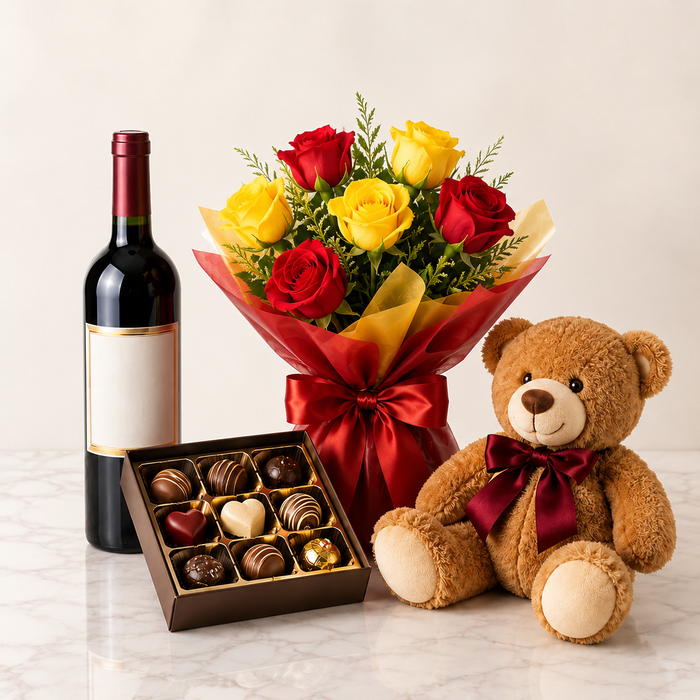 Red & Yellow Rose Bouquet with Red Wine, Chocolates & Teddy Bear | Premium Gift Delivery flowers wine and cake delivery in Denmark