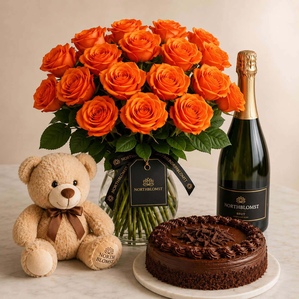 Luxury Orange Rose Bouquet with Sparkling Gift, Chocolate Cake & Teddy Bear | Premium Gift Delivery