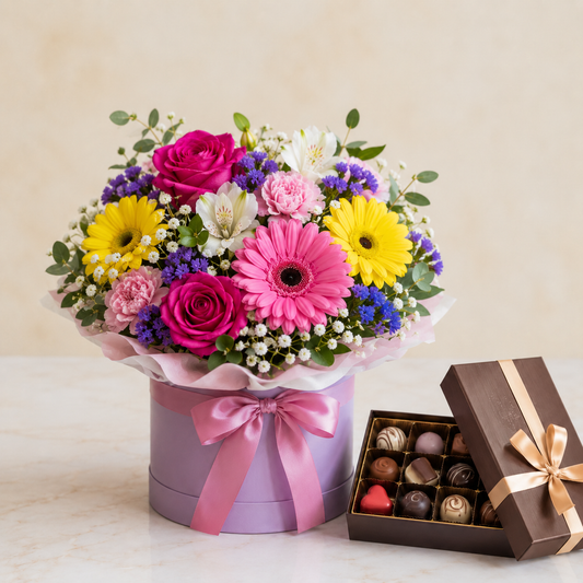 Colorful Flower Box with Luxury Chocolates | Flower & Chocolate Delivery