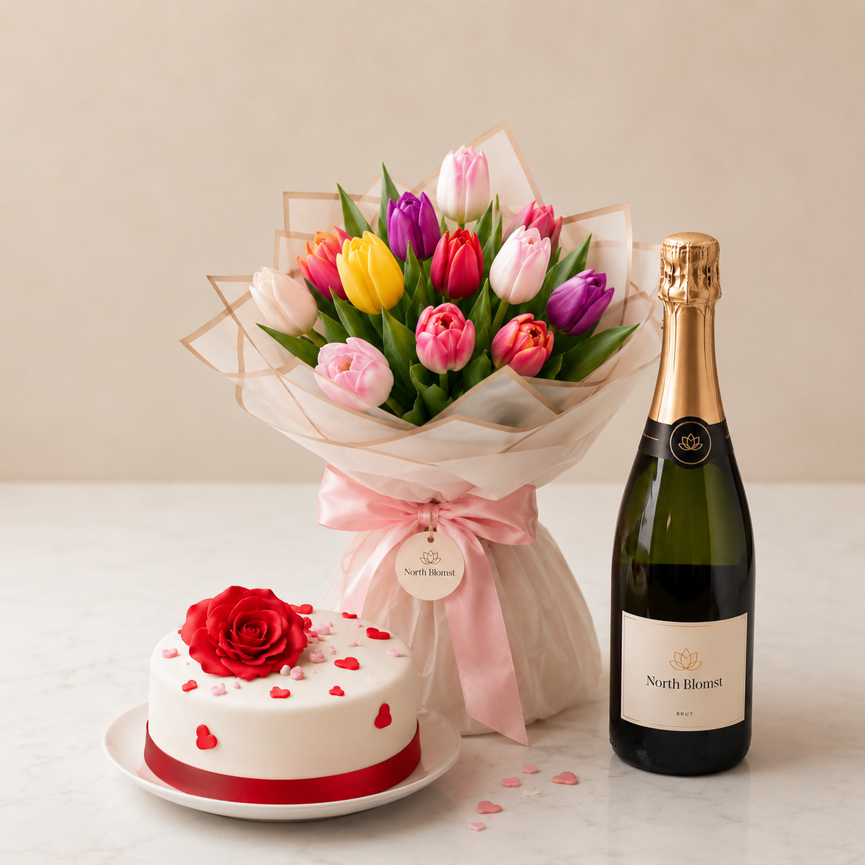 Luxury Mixed Tulip Bouquet with Sparkling Gift & Romantic Cake | Premium Celebration Delivery
