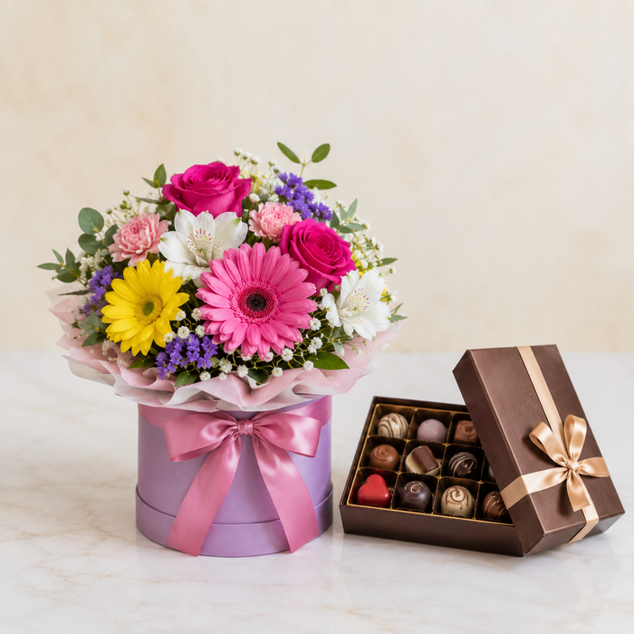 Colorful Flower Box with Luxury Chocolates | Flower & Chocolate Delivery flowers and chocolates delivery in Denmark