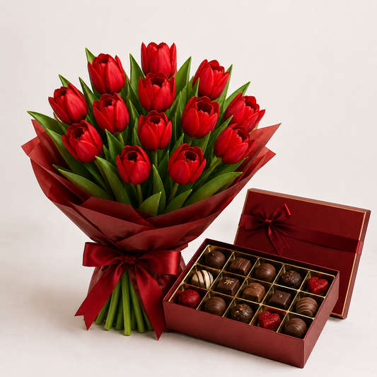 Red Tulip Bouquet with Luxury Chocolates | Flower & Chocolate Delivery