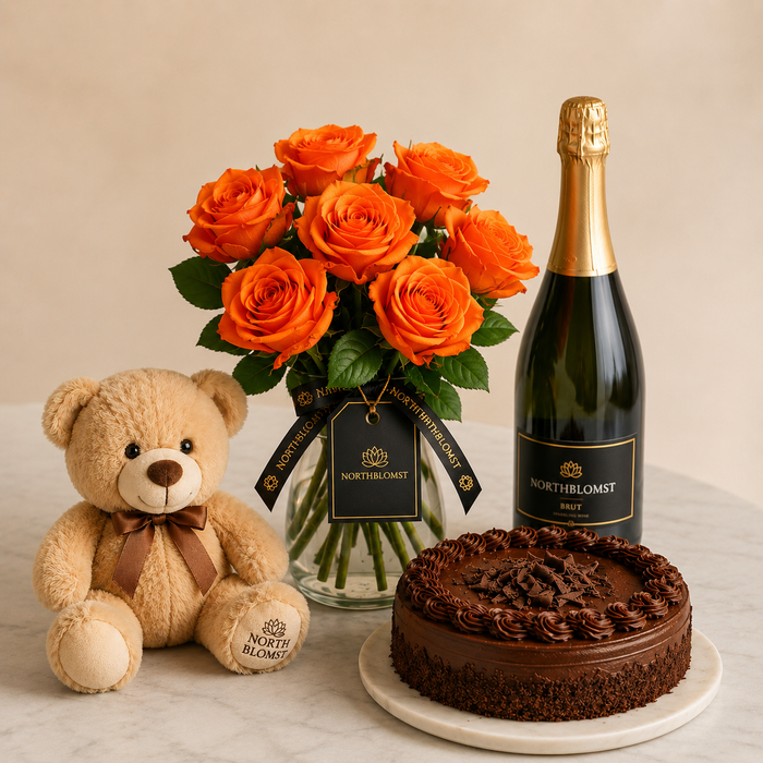 Luxury Orange Rose Bouquet with Sparkling Gift, Chocolate Cake & Teddy Bear | Premium Gift Delivery flowers wine and cake delivery in Denmark