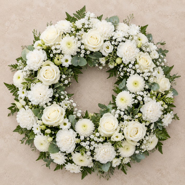All White Funeral Wreath | Pure Sympathy Flowers Online funeral wreath delivery in Denmark