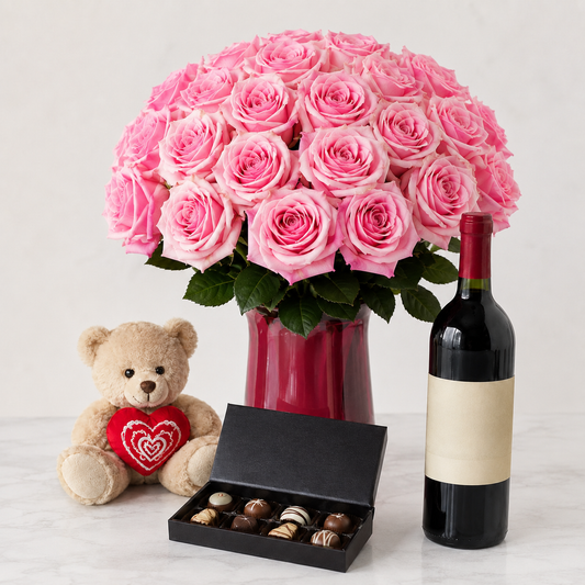 Luxury Pink Rose Bouquet with Red Wine, Chocolates & Teddy Bear | Premium Gift Delivery