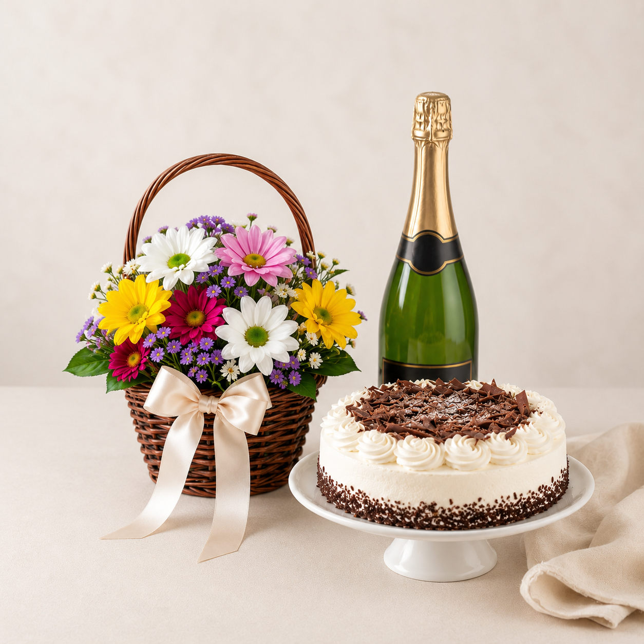 Colourful Daisy Basket with Sparkling Gift & Cake | Celebration Flower Delivery