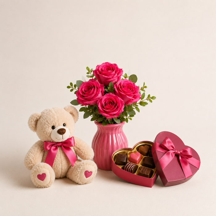 Hot Pink Rose Bouquet with Teddy & Heart Chocolates | Romantic Gift Delivery flowers and chocolates delivery in Denmark
