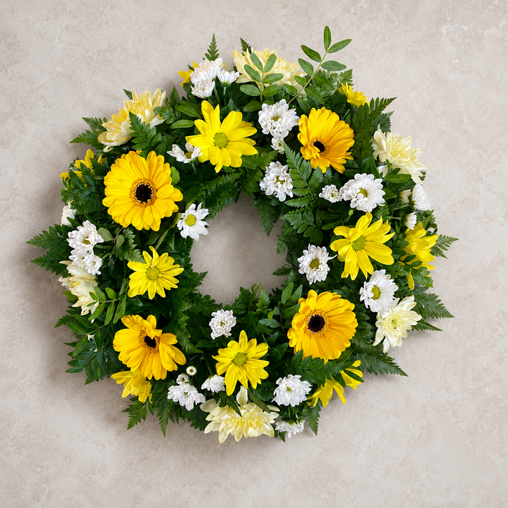 Yellow Funeral Wreath | Bright Sympathy Flowers Online funeral wreath delivery in Denmark