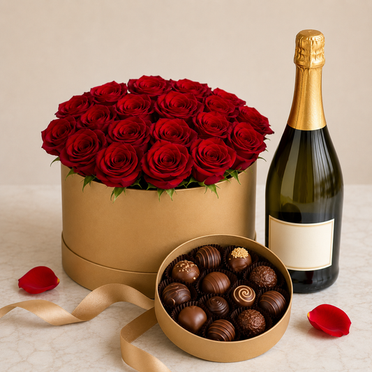 Luxury Red Rose Flower Box with Sparkling Gift & Chocolates | Premium Gift Delivery