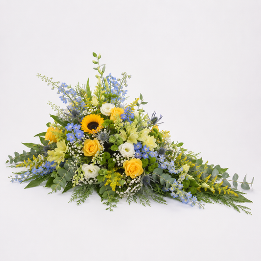 Yellow & Blue Pyramidal Funeral Flowers | Elegant Funeral Arrangement