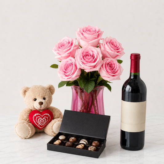 Luxury Pink Rose Bouquet with Red Wine, Chocolates & Teddy Bear | Premium Gift Delivery