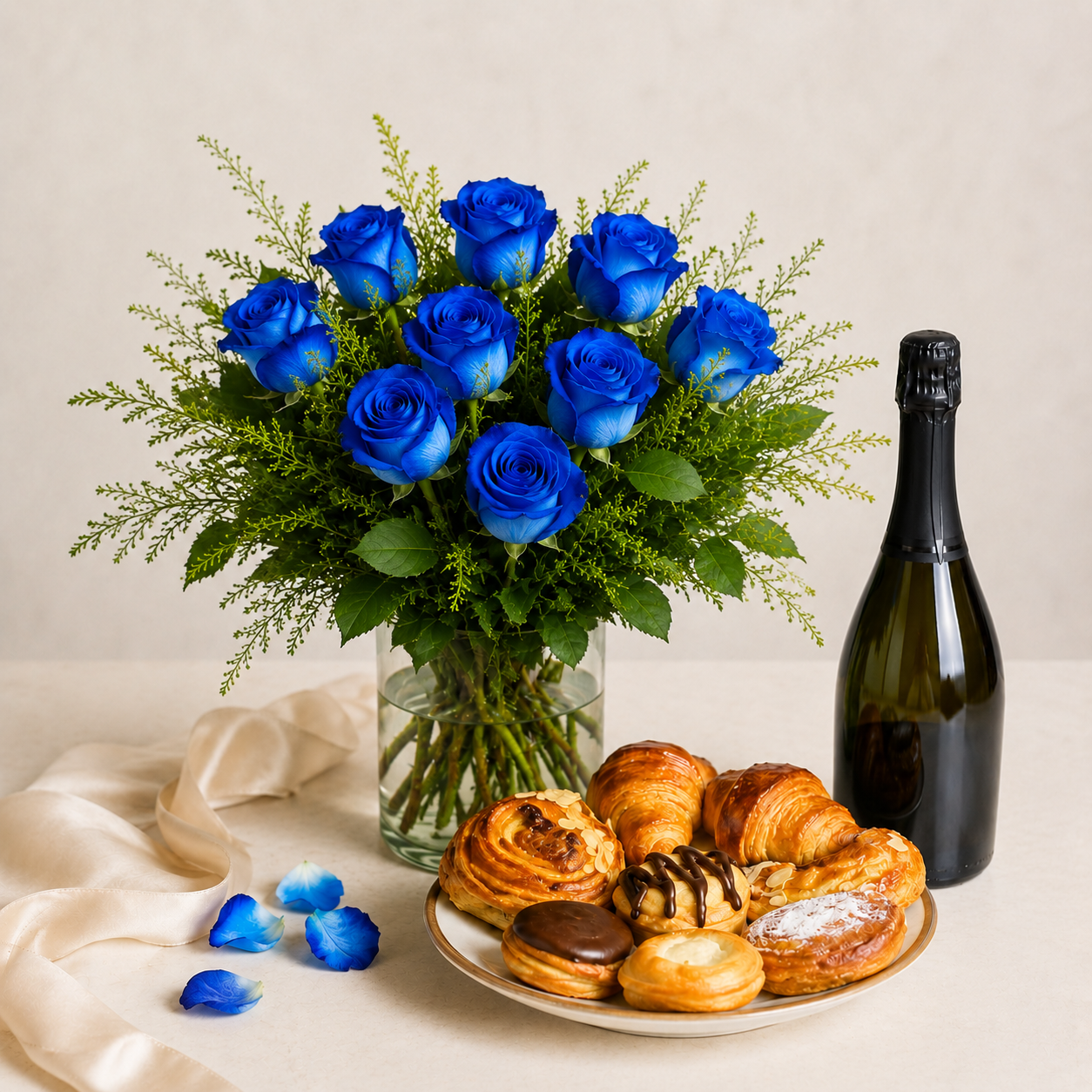 Blue Rose Bouquet with Sparkling Gift & Pastries | Luxury Flower Delivery