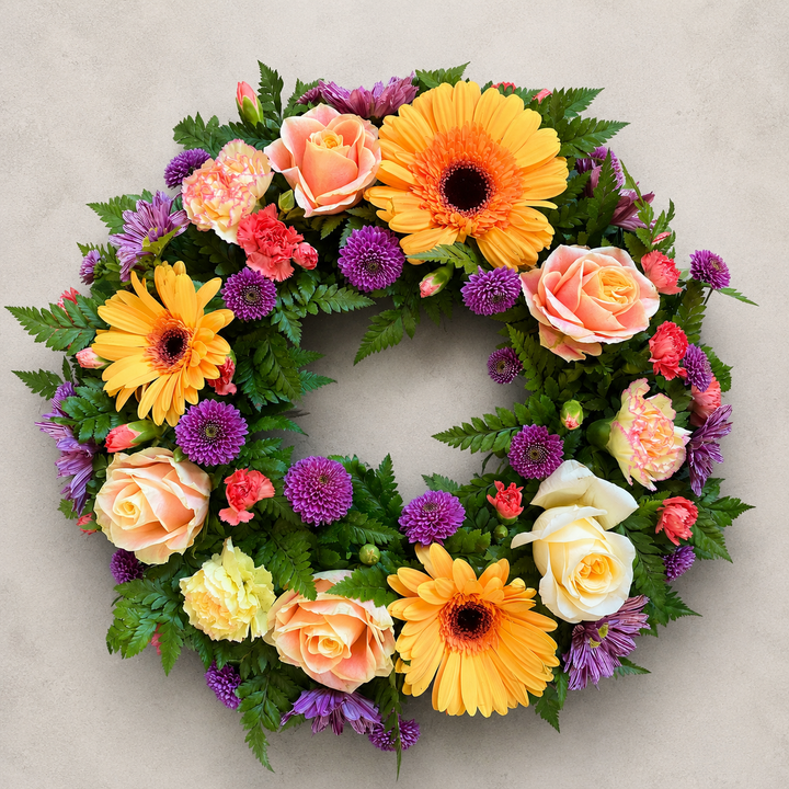 Colourful Funeral Wreath | Bright Memorial Flowers Online funeral wreath delivery in Denmark