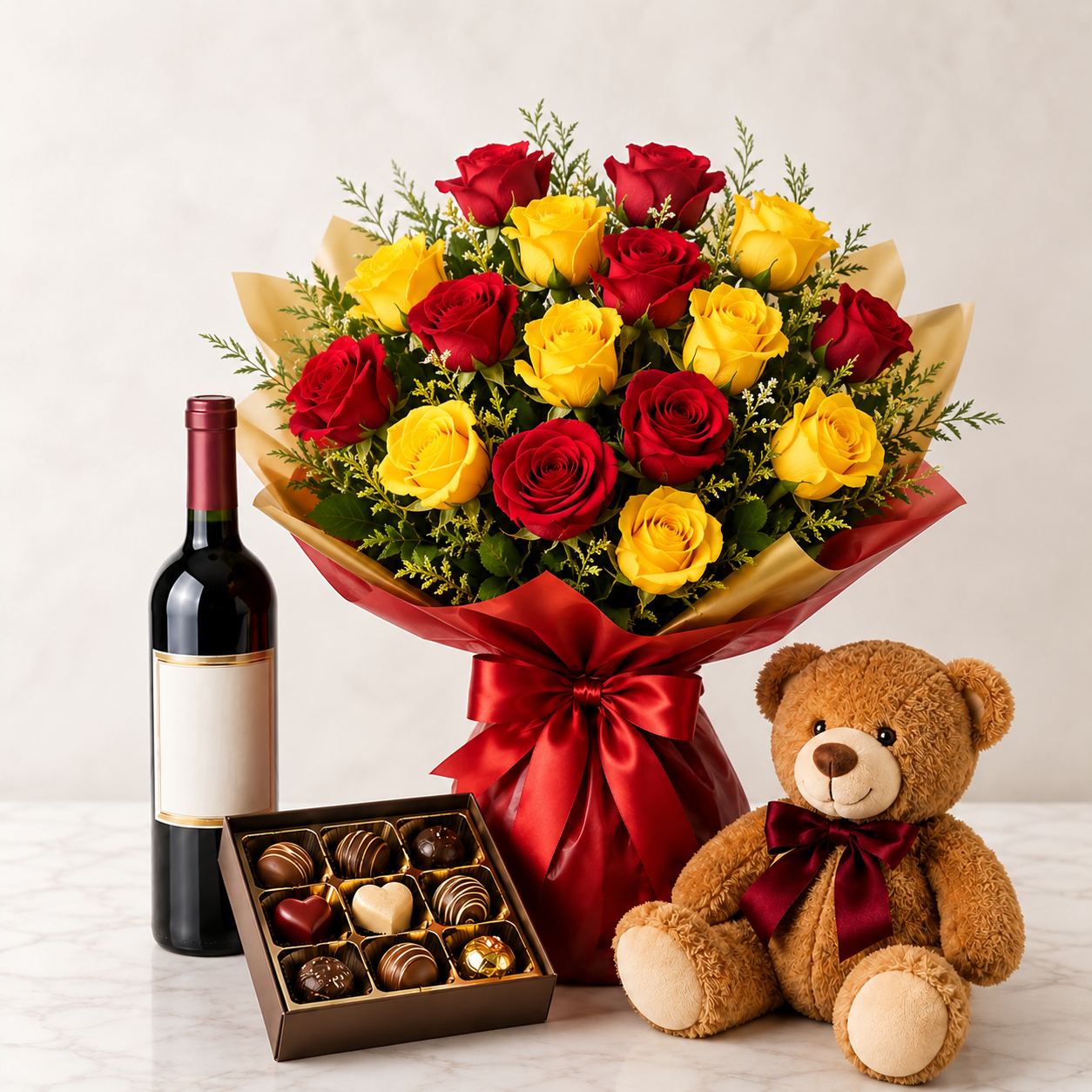 Red & Yellow Rose Bouquet with Red Wine, Chocolates & Teddy Bear | Premium Gift Delivery