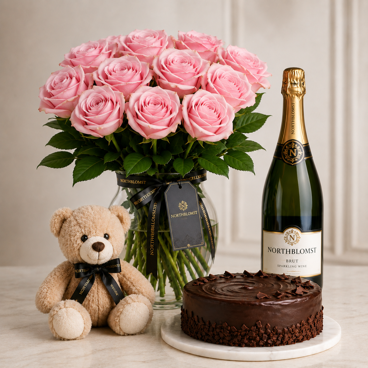 Luxury Pink Rose Bouquet with Sparkling Gift, Chocolate Cake & Teddy Bear | Premium Gift Delivery