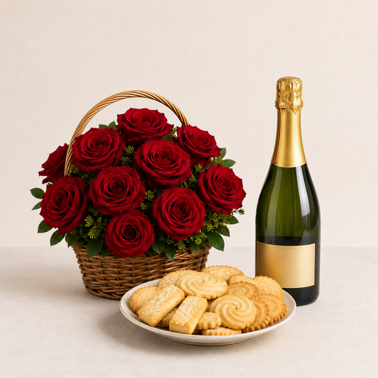 Red Rose Basket with Sparkling Gift & Biscuits | Luxury Flower Delivery