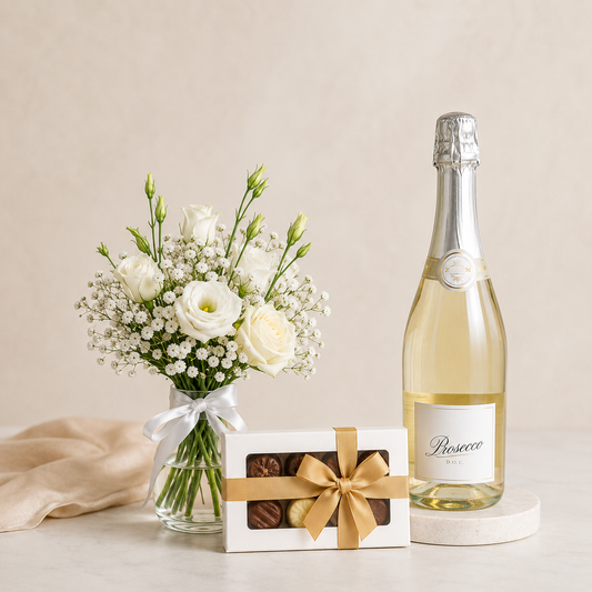 Luxury White Bouquet with Prosecco & Chocolates | Premium Flower Delivery