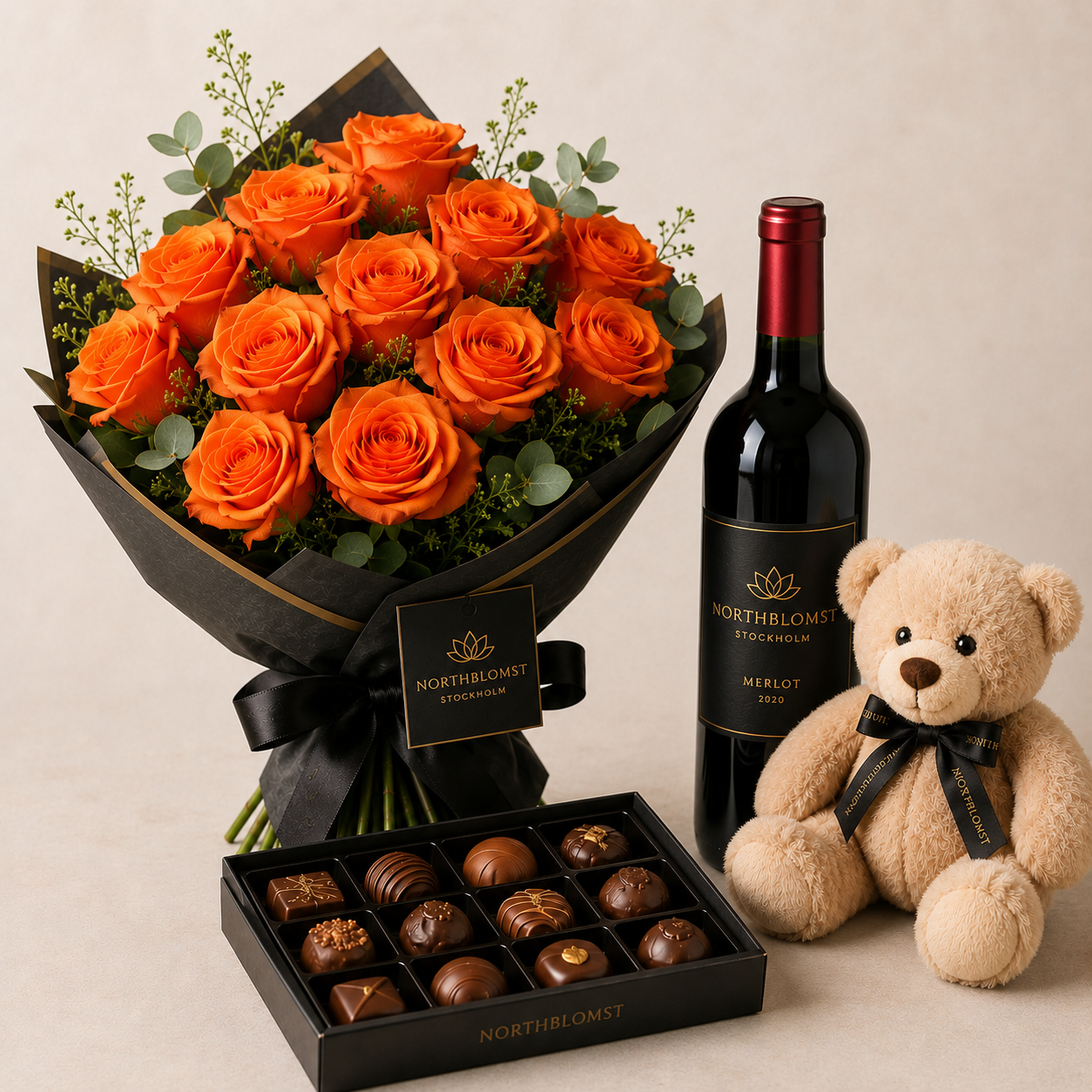 Luxury Orange Rose Bouquet with Red Wine, Chocolates & Teddy Bear | Premium Gift Delivery