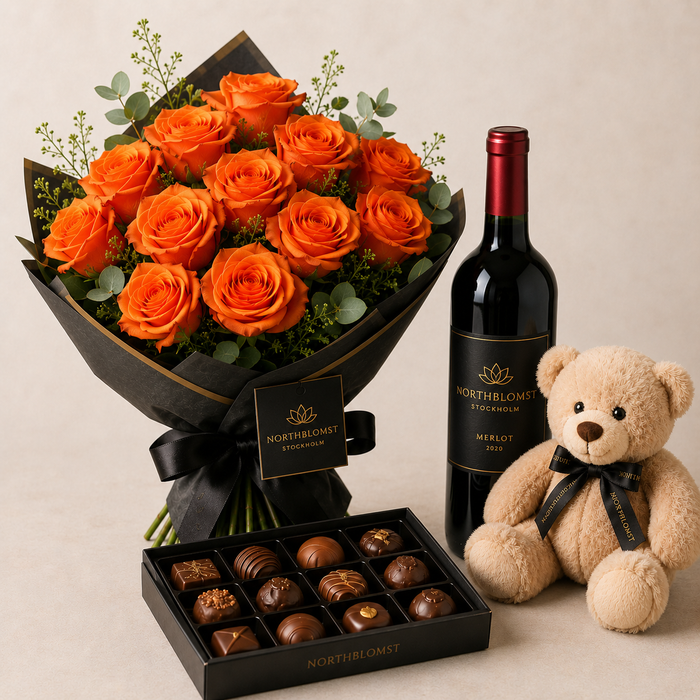 Luxury Orange Rose Bouquet with Red Wine, Chocolates & Teddy Bear | Premium Gift Delivery flowers wine and cake delivery in Denmark