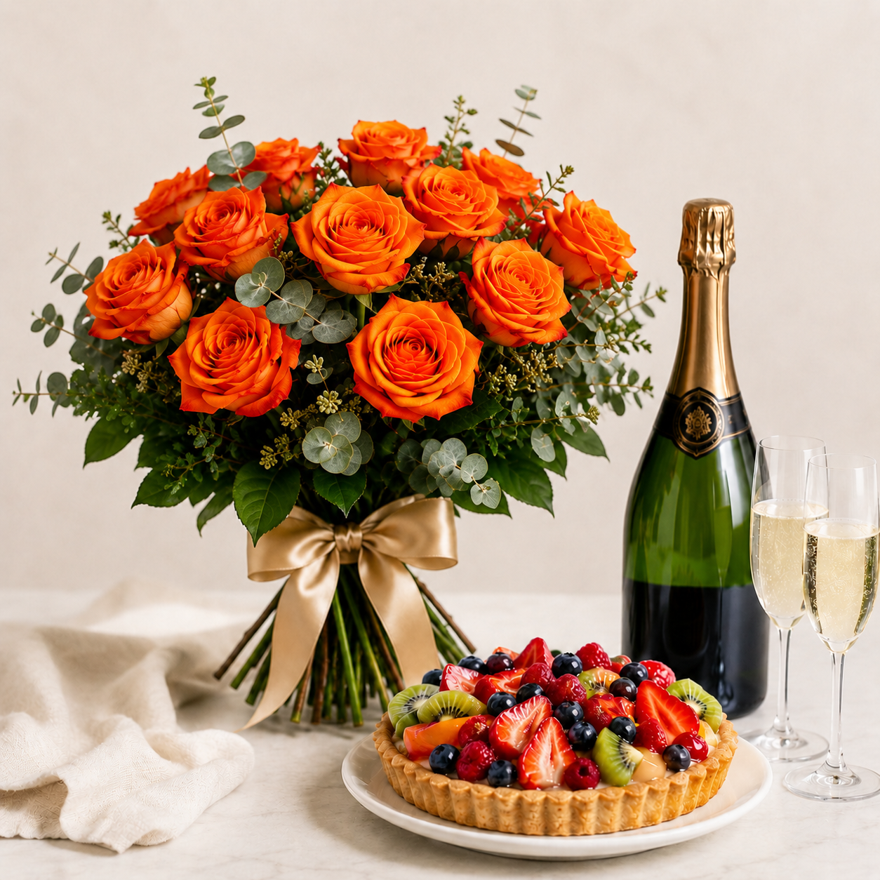 Luxury Orange Rose Bouquet with Sparkling Gift & Fruit Tart | Premium Celebration Delivery