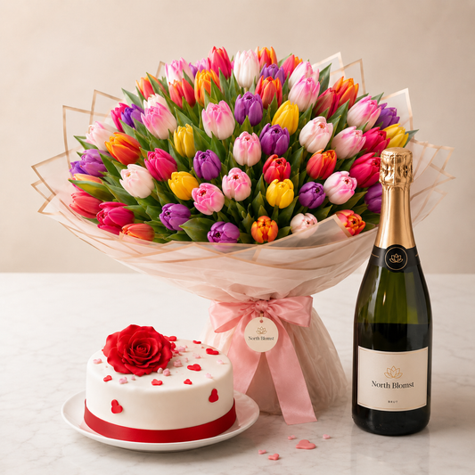 Luxury Mixed Tulip Bouquet with Sparkling Gift & Romantic Cake | Premium Celebration Delivery