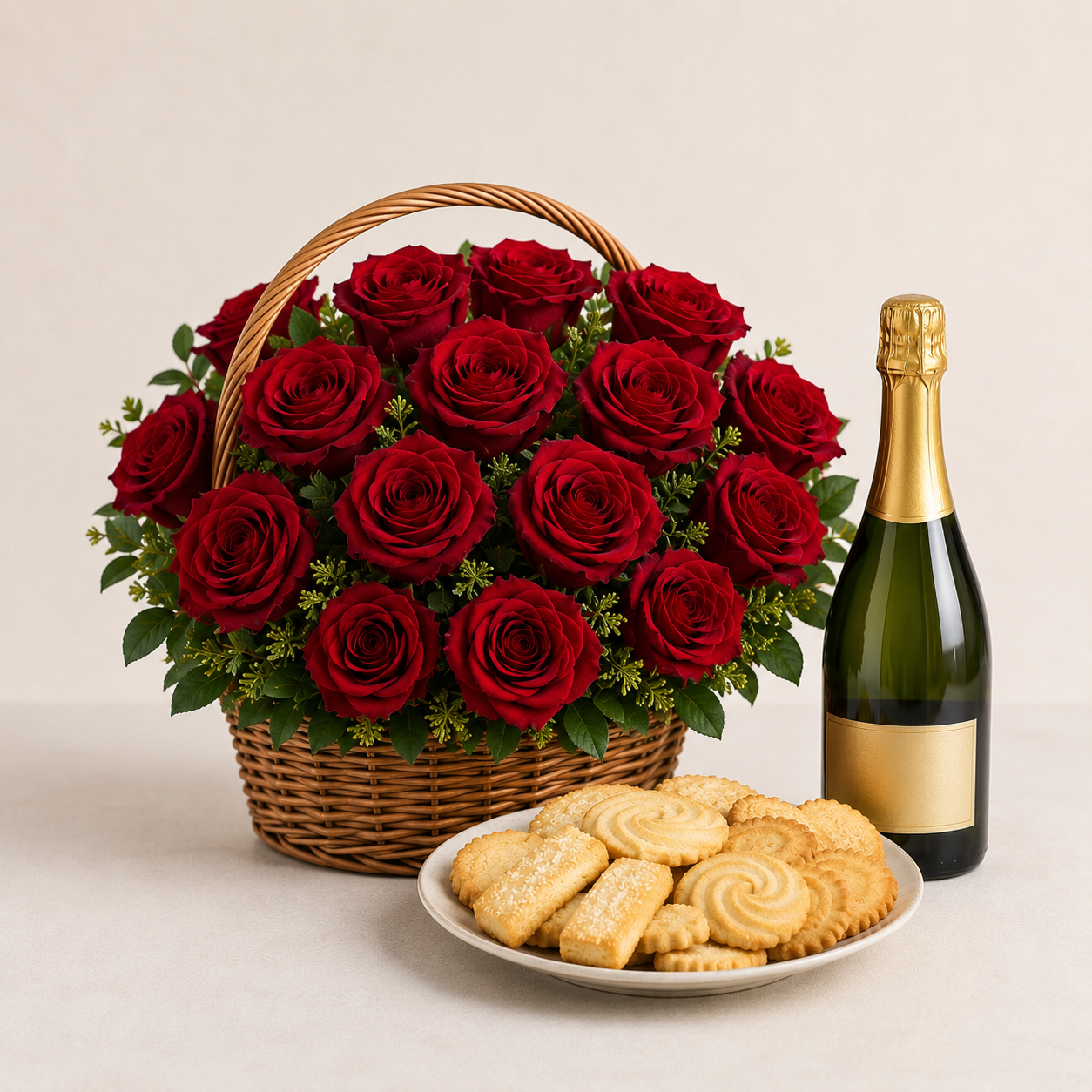 Red Rose Basket with Sparkling Gift & Biscuits | Luxury Flower Delivery