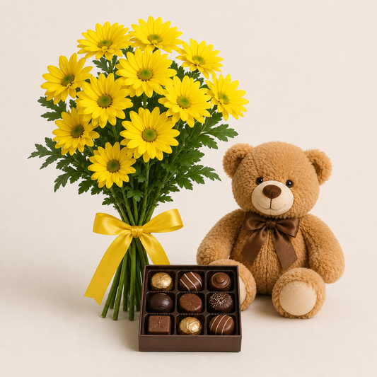 Yellow Daisy Bouquet with Teddy Bear & Chocolates | Flower Gift Delivery