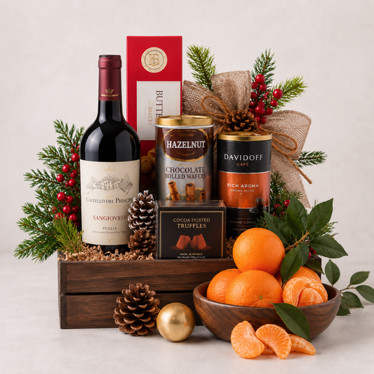 Winter Red Wine Gift Basket with Coffee, Chocolates & Citrus | Premium Gift Delivery