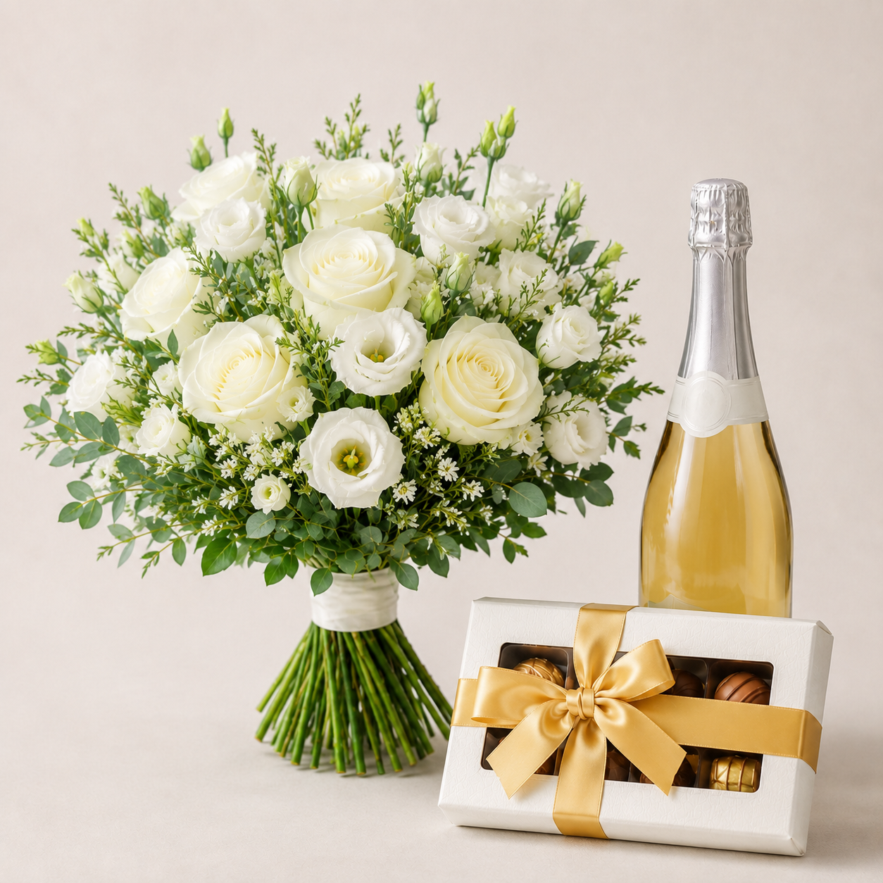 Luxury White Bouquet with Sparkling Gift & Chocolates | Premium Flower Delivery