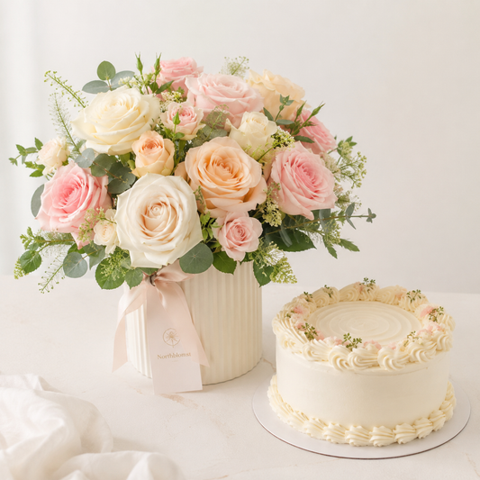 Pastel Rose Bouquet with Cream Cake | Flowers & Cake Delivery