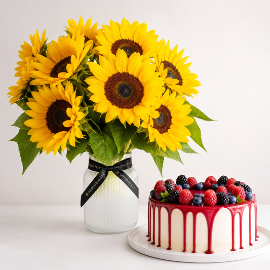 Sunflower Bouquet with Berry Cake | Flowers & Cake Delivery