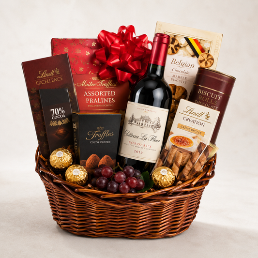 Luxury Red Wine Gift Basket with Chocolates, Biscuits & Gourmet Treats | Premium Gift Delivery