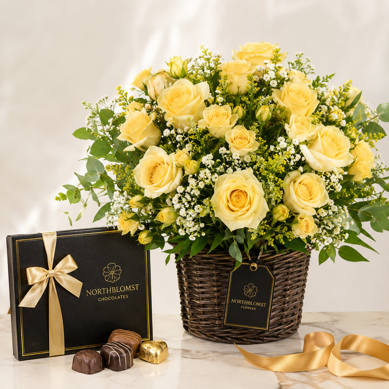 Yellow Rose Basket with Luxury Chocolates | Flower & Chocolate Delivery