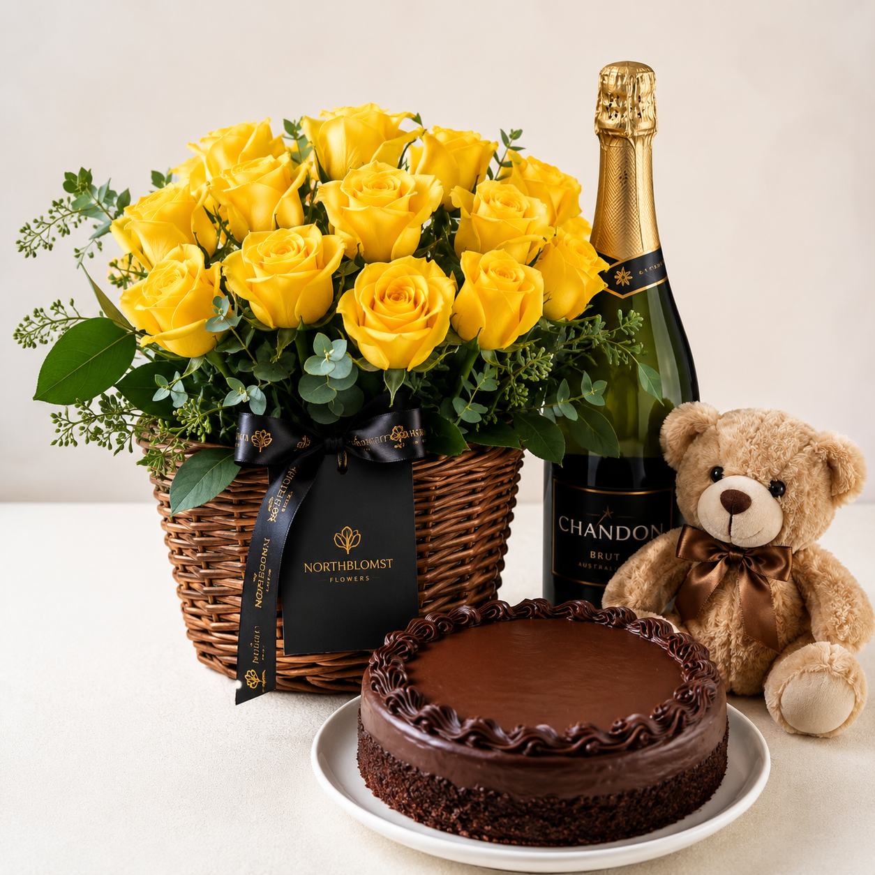 Luxury Yellow Rose Basket with Sparkling Gift, Chocolate Cake & Teddy Bear | Premium Gift Delivery