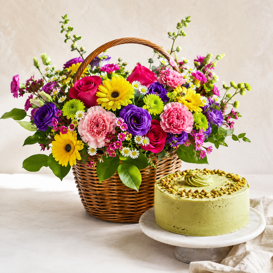 Colorful Flower Basket with Pistachio Cake | Flowers & Cake Delivery