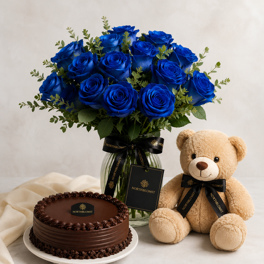 Blue Rose Bouquet with Teddy & Chocolate Cake | Flowers & Cake Gift