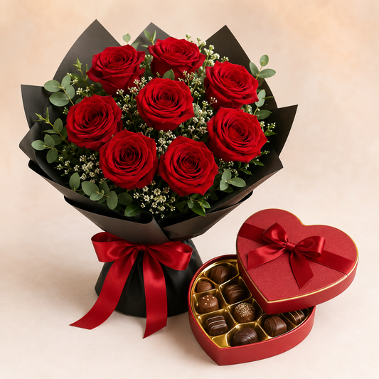 Red Rose Bouquet with Heart Chocolate Box | Romantic Flower Delivery