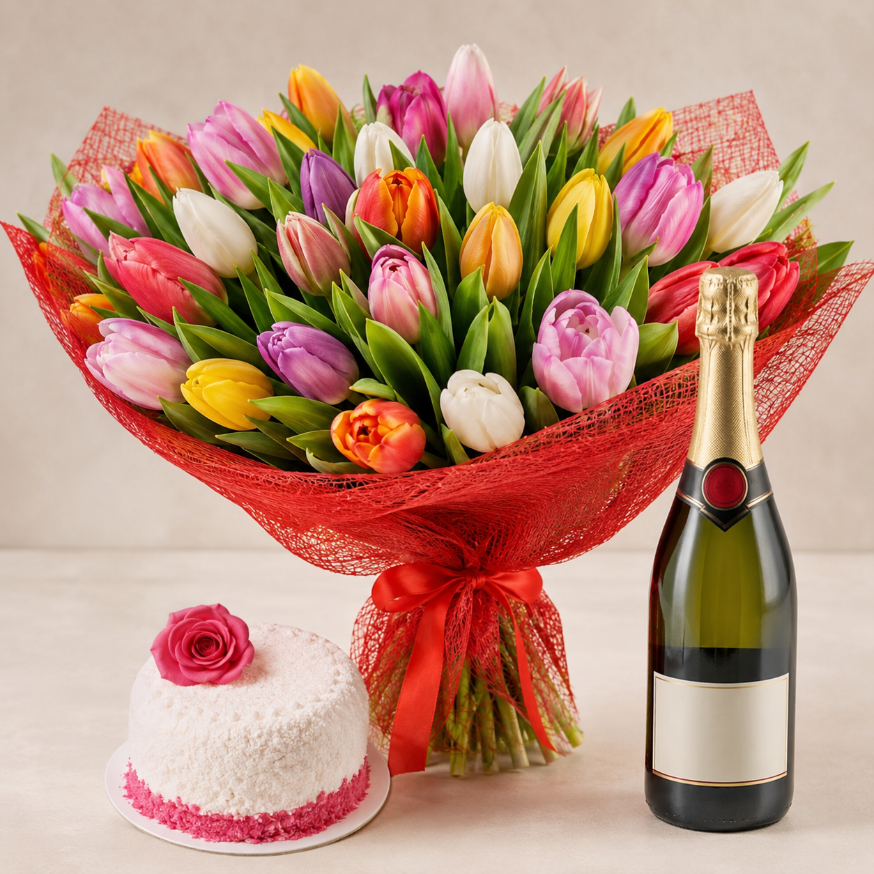 Mixed Tulip Bouquet with Sparkling Gift & Romantic Cake | Celebration Flower Delivery