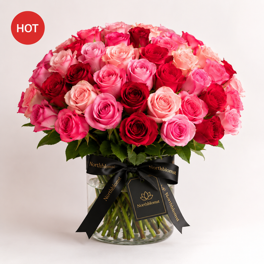 50 Mixed Pink & Red Roses Luxury Bouquet | Premium Rose Delivery