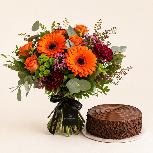 Orange Gerbera Bouquet with Chocolate Cake | Flowers & Cake Delivery