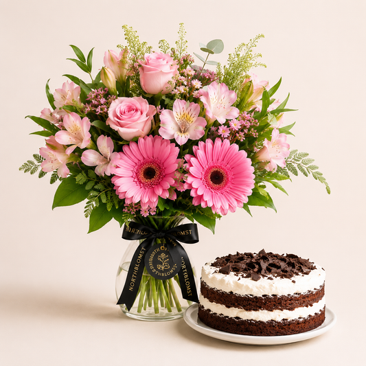 Pink Mixed Flower Bouquet with Chocolate Cream Cake | Flowers & Cake Delivery