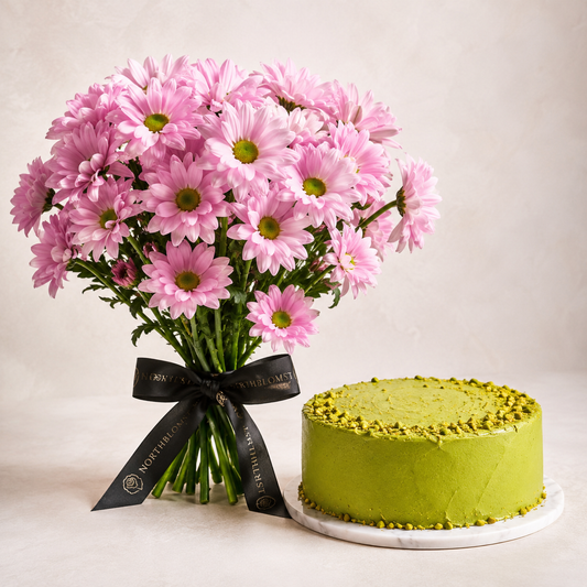 Pink Daisy Bouquet with Pistachio Cake | Flowers & Cake Delivery