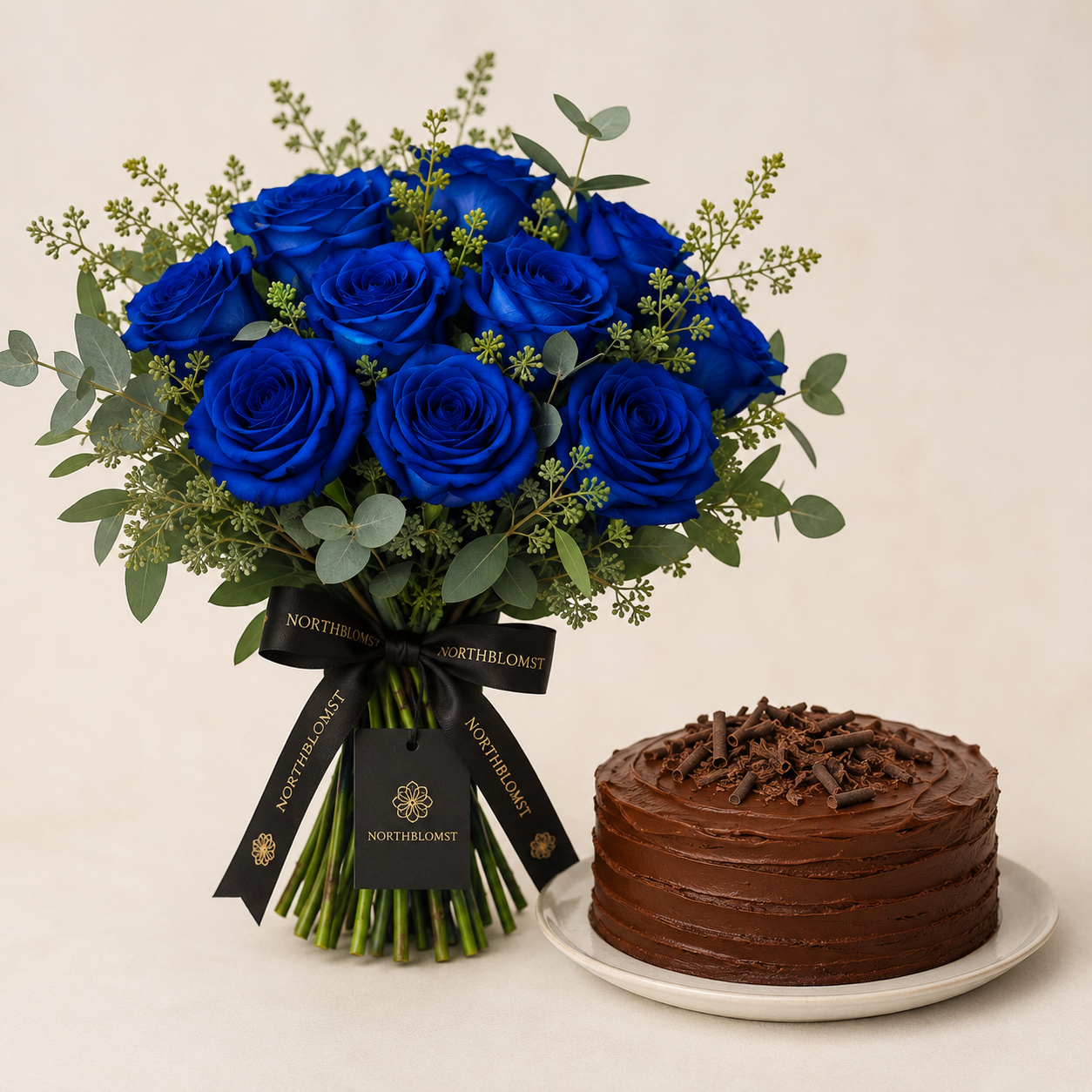 Blue Rose Bouquet with Chocolate Cake | Flowers & Cake Delivery