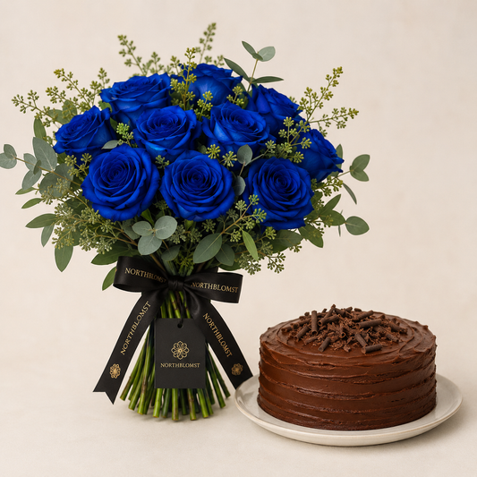 Blue Rose Bouquet with Chocolate Cake | Flowers & Cake Delivery