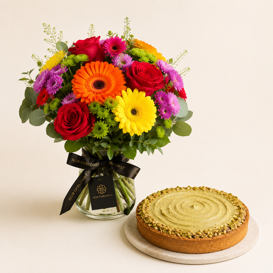 Colorful Gerbera Bouquet with Pistachio Cake | Flowers & Cake Delivery